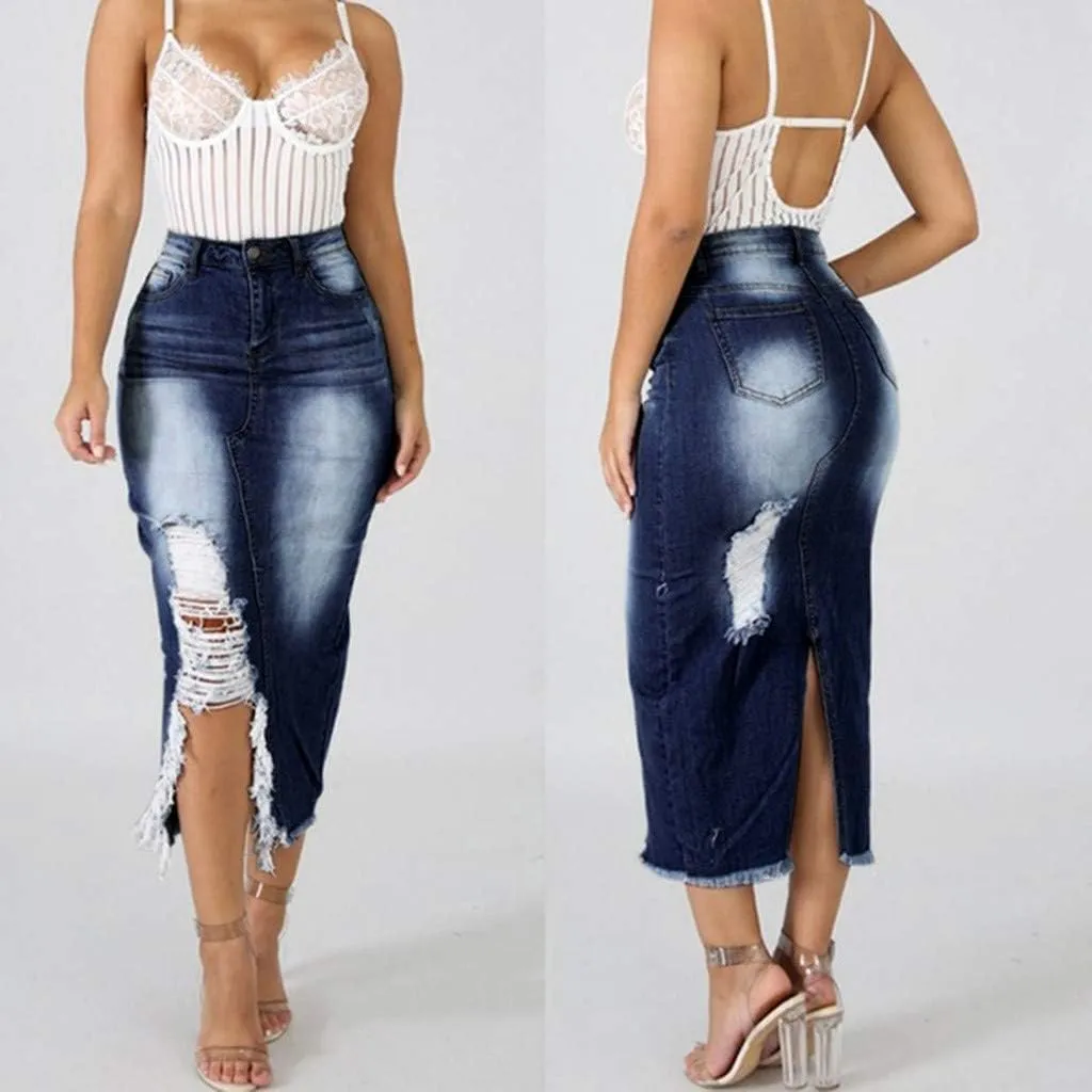 Pleated Tennis Skirts for Women Midi Skirts for Women High Waist Ripped Denim Skirt Destroyed Bodycon Street