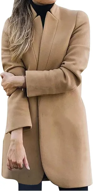 Plus Size Business Cardigans for Women Wool Blend Trench Coats Open Front Stand Collar Long Sleeve Casual Outerwear