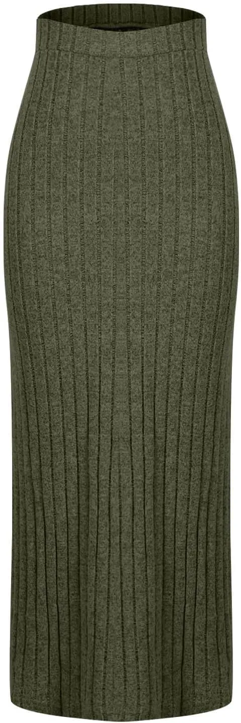 Plus Size Knitted Ribbed Skirt for Women High Waisted Stretch Bodycon Skirt Side Split Slim Fit Maxi Skirt Spring