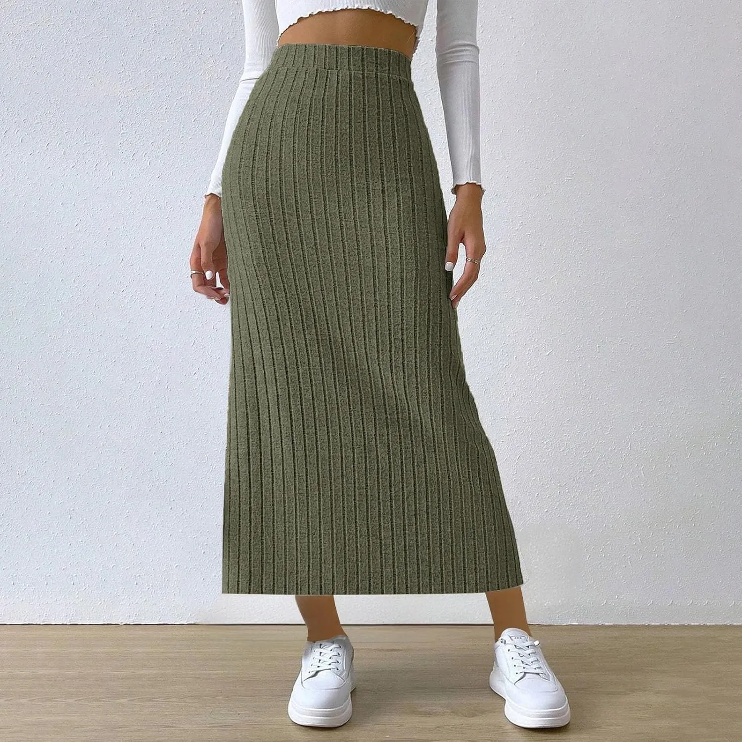 Plus Size Knitted Ribbed Skirt for Women High Waisted Stretch Bodycon Skirt Side Split Slim Fit Maxi Skirt Spring