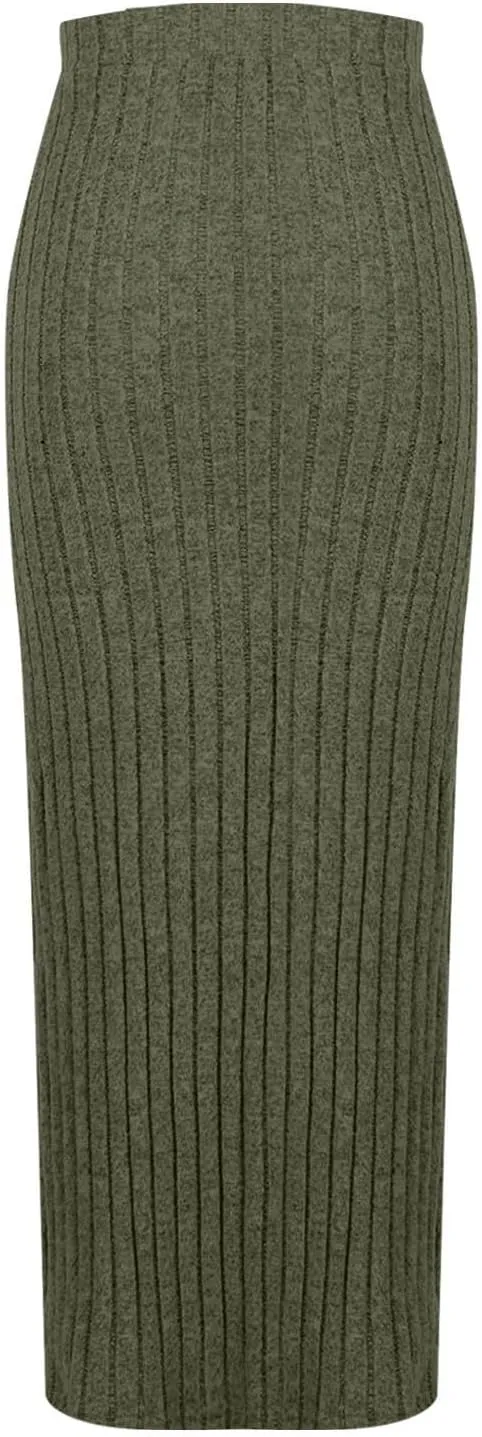 Plus Size Knitted Ribbed Skirt for Women High Waisted Stretch Bodycon Skirt Side Split Slim Fit Maxi Skirt Spring