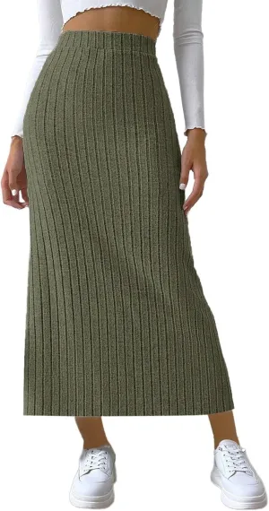 Plus Size Knitted Ribbed Skirt for Women High Waisted Stretch Bodycon Skirt Side Split Slim Fit Maxi Skirt Spring