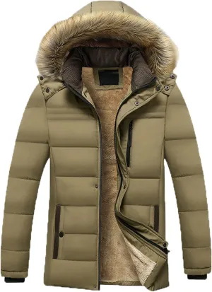Puffer Jacket Men Fur Hood Winter Coat Zip up Padded Coat Warm Down Jacket Quilted Insulated Jacket Thermal Outwear