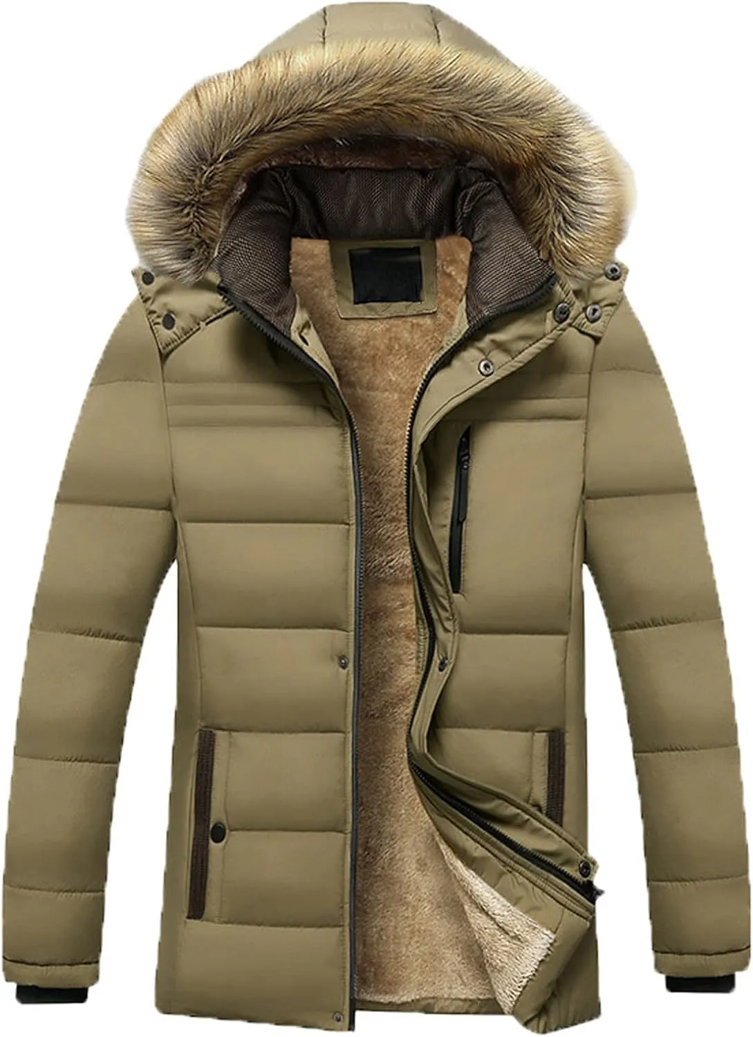 Puffer Jacket Men Fur Hood Winter Coat Zip up Padded Coat Warm Down Jacket Quilted Insulated Jacket Thermal Outwear