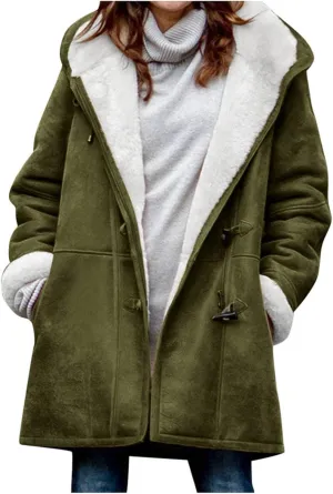 Qeaghou Fleece Lined Winter Coats for Women Warm Trench Coat Furry Windbreaker Ski Jacket Fuzzy Solid Jacket with Hood
