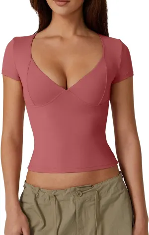 QINSEN Women's V Neck Short Sleeve T Shirts Double Lined Tee Seamed Cup Going Out Tops