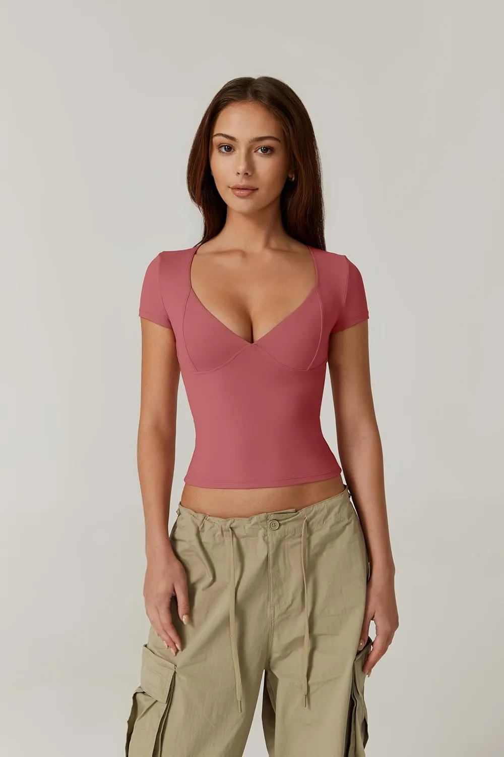 QINSEN Women's V Neck Short Sleeve T Shirts Double Lined Tee Seamed Cup Going Out Tops