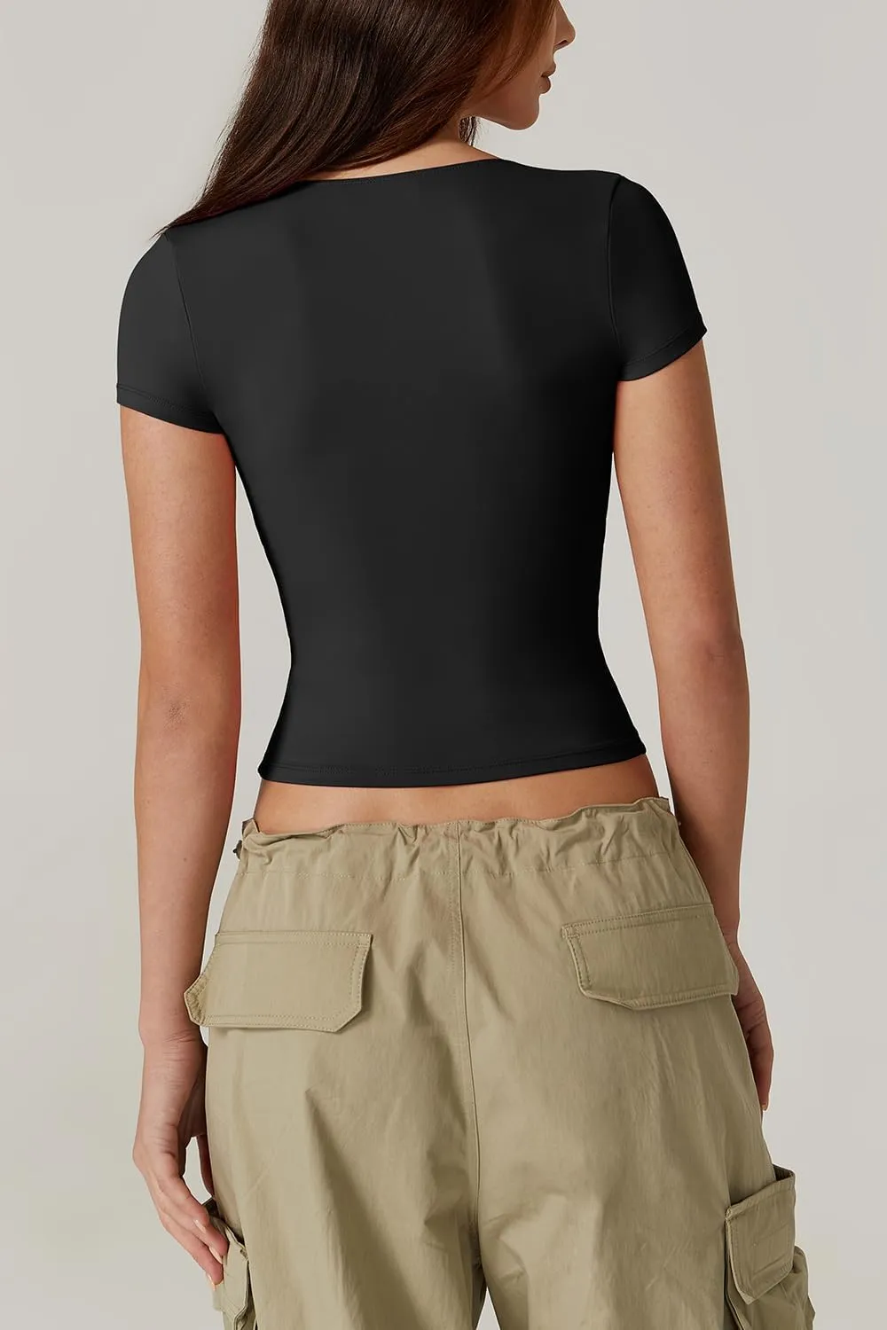 QINSEN Women's V Neck Short Sleeve T Shirts Double Lined Tee Seamed Cup Going Out Tops