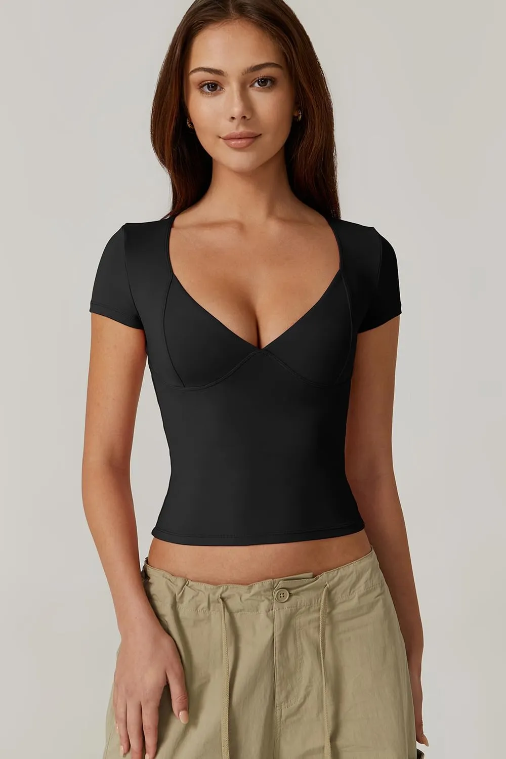 QINSEN Women's V Neck Short Sleeve T Shirts Double Lined Tee Seamed Cup Going Out Tops