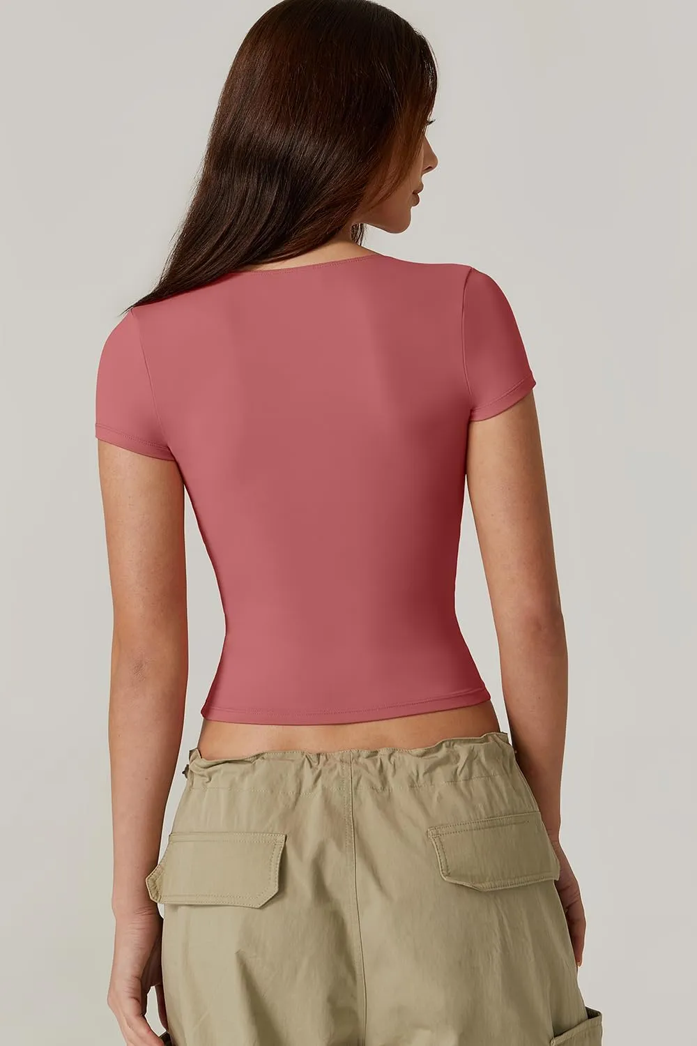 QINSEN Women's V Neck Short Sleeve T Shirts Double Lined Tee Seamed Cup Going Out Tops