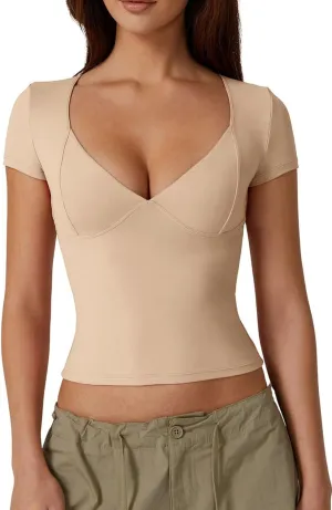 QINSEN Women's V Neck Short Sleeve T Shirts Double Lined Tee Seamed Cup Going Out Tops