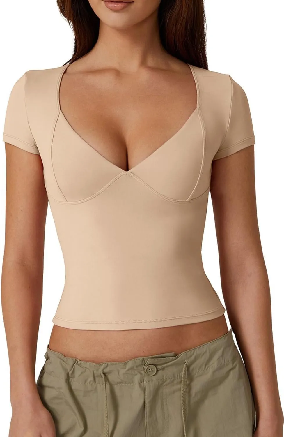 QINSEN Women's V Neck Short Sleeve T Shirts Double Lined Tee Seamed Cup Going Out Tops