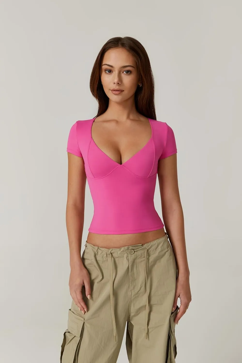 QINSEN Women's V Neck Short Sleeve T Shirts Double Lined Tee Seamed Cup Going Out Tops