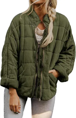 Quilted Jackets for Women Lightweight Puffer Jacket Dolman Long Sleeve Zip Up Padded Jacket Down Winter Coat Outwear