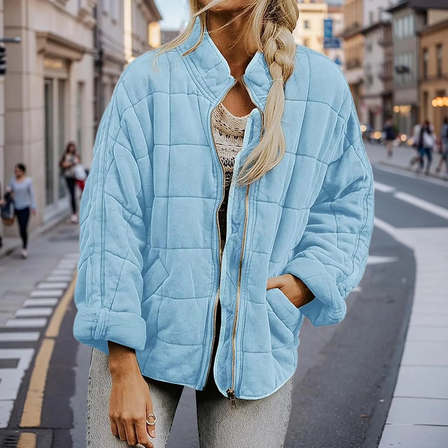 Quilted Jackets for Women Lightweight Puffer Jacket Dolman Long Sleeve Zip Up Padded Jacket Down Winter Coat Outwear