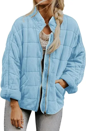 Quilted Jackets for Women Lightweight Puffer Jacket Dolman Long Sleeve Zip Up Padded Jacket Down Winter Coat Outwear
