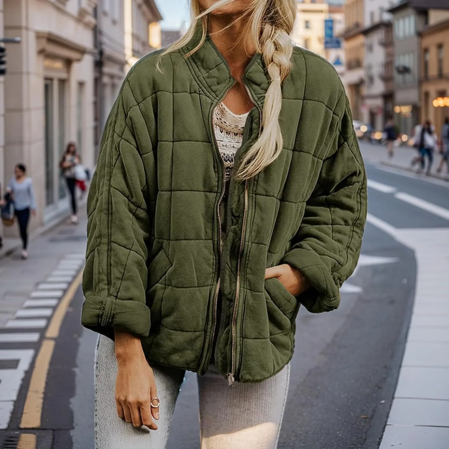 Quilted Jackets for Women Lightweight Puffer Jacket Dolman Long Sleeve Zip Up Padded Jacket Down Winter Coat Outwear