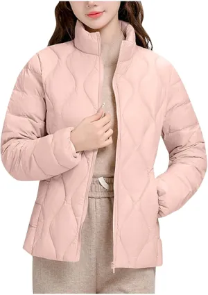 Quilted Lightweight Jacket for Women Plus Size Short Puffer Coats Stand Collar Zip Up Warm Down Jacket Fall Winter
