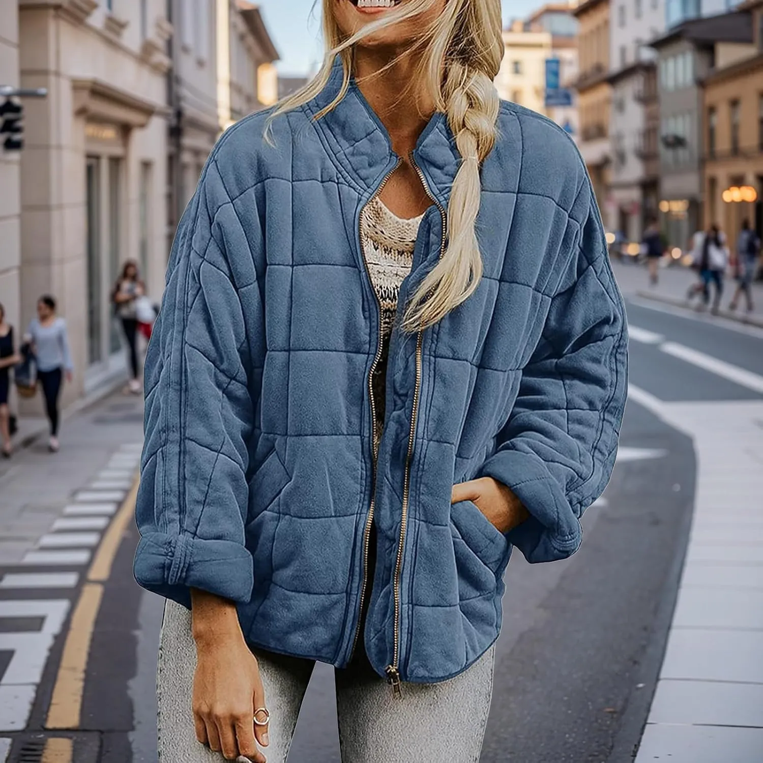 Quilted Puffer Jacket Women Lightweight Zip Up Long Sleeve Down Jacket Casual Button Warm Winter Coats with Pockets