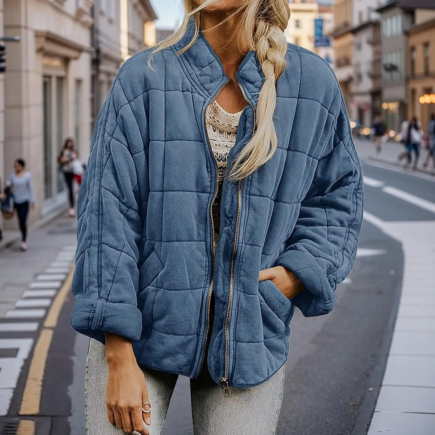 Quilted Puffer Jacket Women Lightweight Zip Up Long Sleeve Down Jacket Casual Button Warm Winter Coats with Pockets