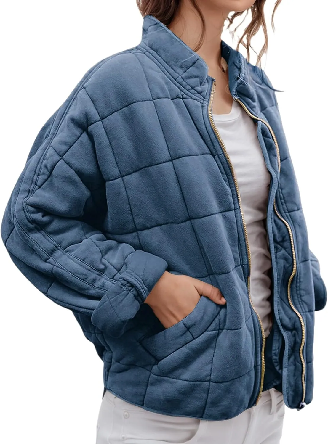 Quilted Puffer Jacket Women Lightweight Zip Up Long Sleeve Down Jacket Casual Button Warm Winter Coats with Pockets