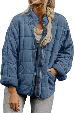Quilted Puffer Jacket Women Lightweight Zip Up Long Sleeve Down Jacket Casual Button Warm Winter Coats with Pockets