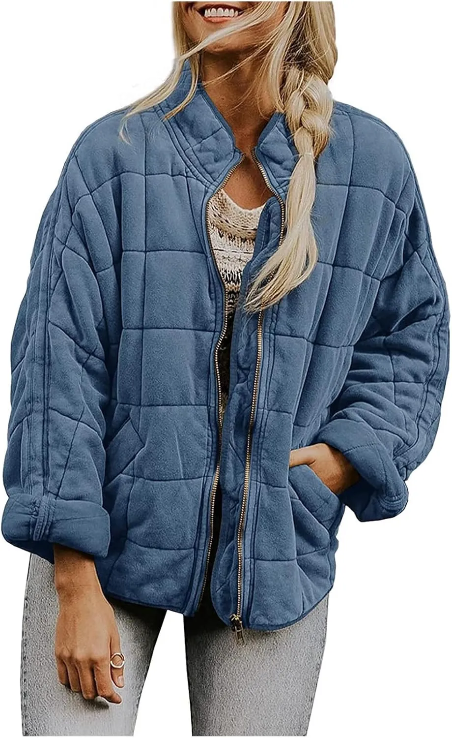 Quilted Puffer Jacket Women Lightweight Zip Up Long Sleeve Down Jacket Casual Button Warm Winter Coats with Pockets