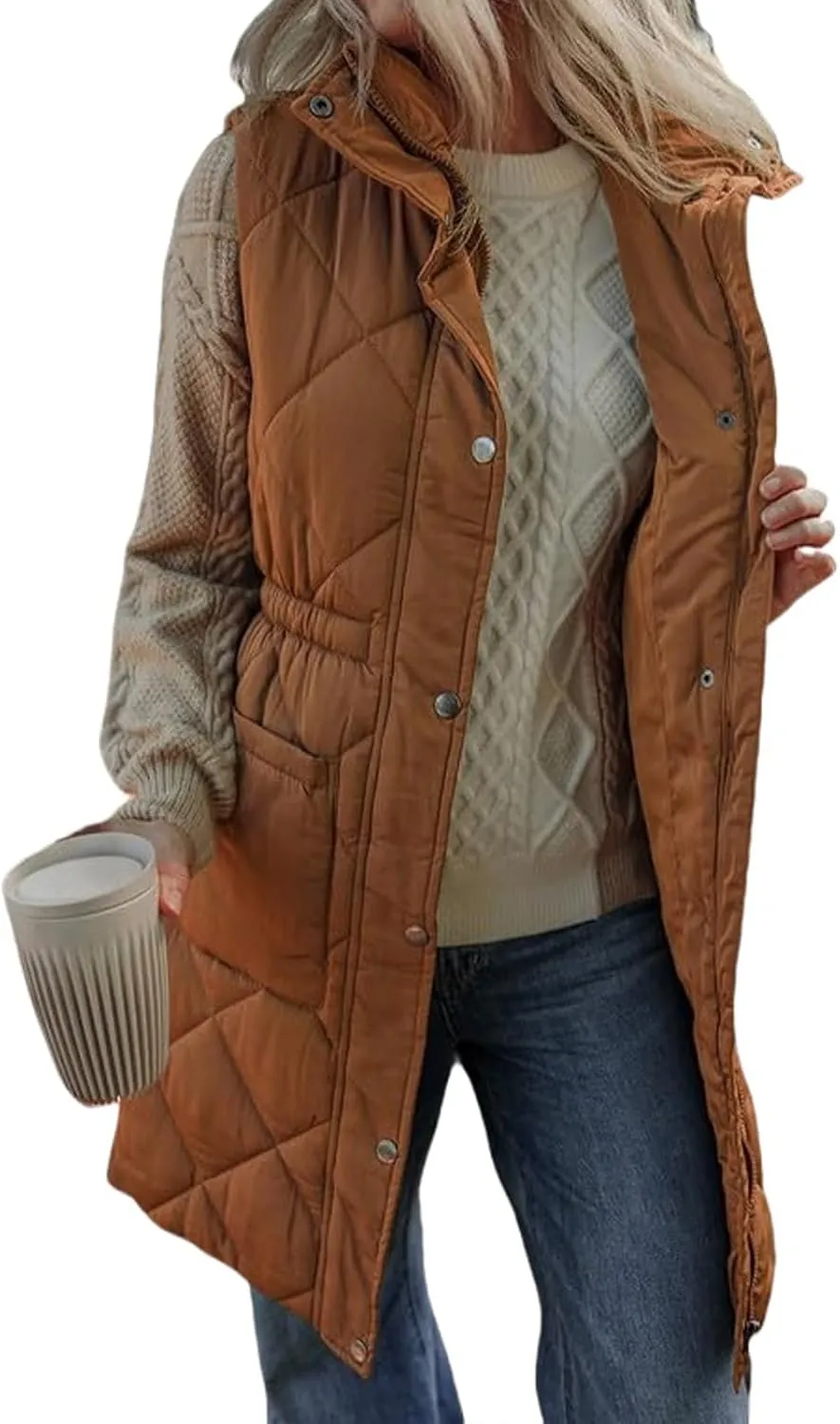 Quilted Vest Women Long Puffer Jacket Sleeveless Down Coat Casual Zip Up Puffer Vest Loose Tunic Coat Outerwear