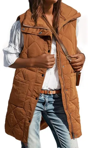 Quilted Vest Women Long Puffer Jacket Sleeveless Down Coat Casual Zip Up Puffer Vest Loose Tunic Coat Outerwear
