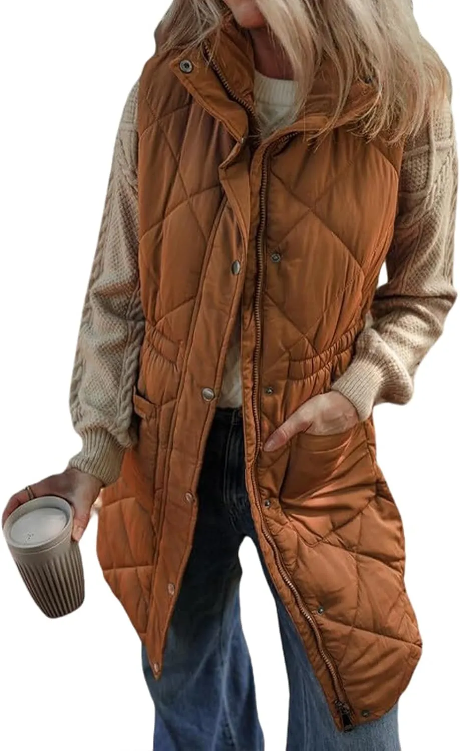 Quilted Vest Women Long Puffer Jacket Sleeveless Down Coat Casual Zip Up Puffer Vest Loose Tunic Coat Outerwear