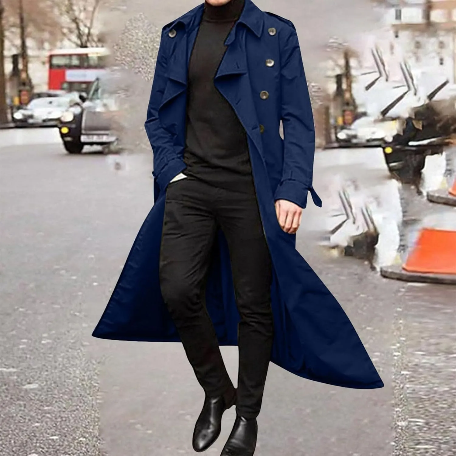 QWENTMTNTY Mens Long Trench Coat Double Breasted Belted Trench Coat Oversized Jacket Casual Business Windbreaker Overcoats