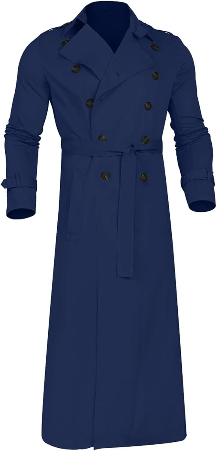QWENTMTNTY Mens Long Trench Coat Double Breasted Belted Trench Coat Oversized Jacket Casual Business Windbreaker Overcoats
