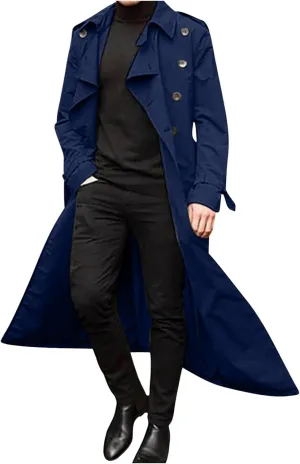 QWENTMTNTY Mens Long Trench Coat Double Breasted Belted Trench Coat Oversized Jacket Casual Business Windbreaker Overcoats