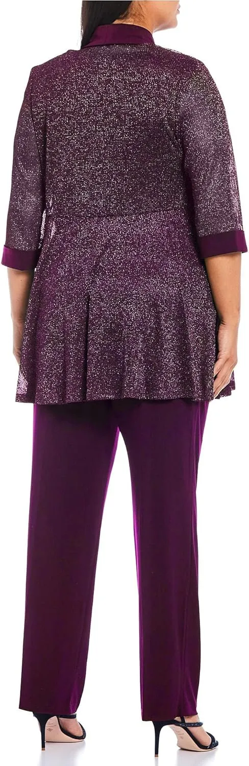 R&M Richards Women's Plus Size Two Piece Metalic Rib Pant Set Missy