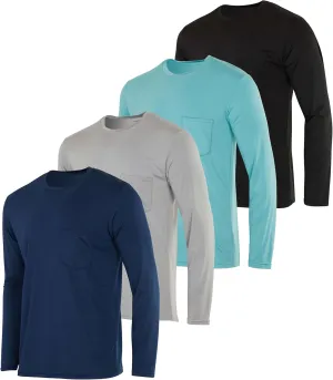 Real Essentials 4 Pack: Men's Dry-Fit Active Athletic Long Sleeve Pocket Crew T-Shirt Outdoors UPF 50 S-5XLT