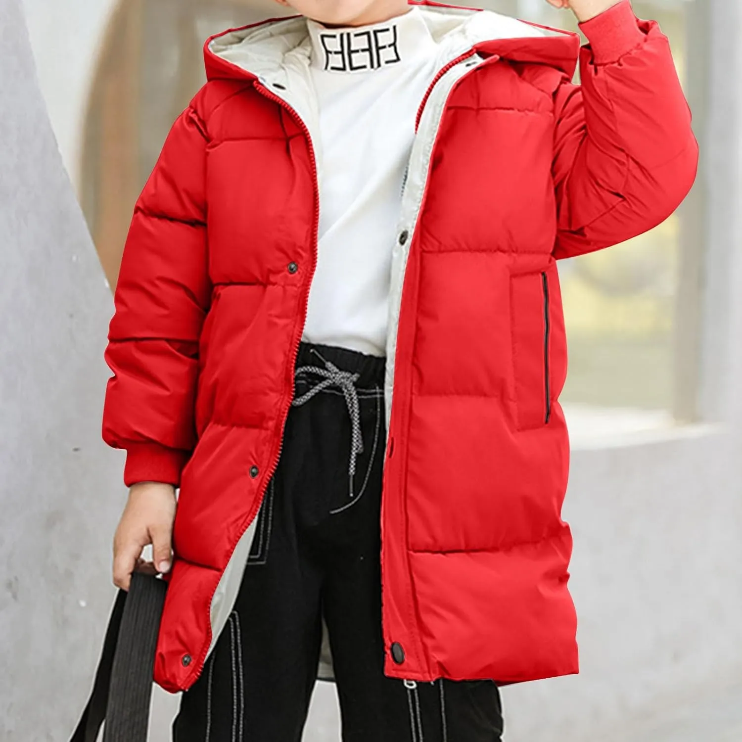 RKSTN Winter Puffer Jackets for Kids Padded Wadded Down Jacket Solid Color Long Sleeved Coats Hooded Casual Outwear