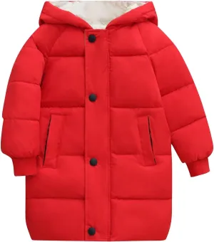 RKSTN Winter Puffer Jackets for Kids Padded Wadded Down Jacket Solid Color Long Sleeved Coats Hooded Casual Outwear