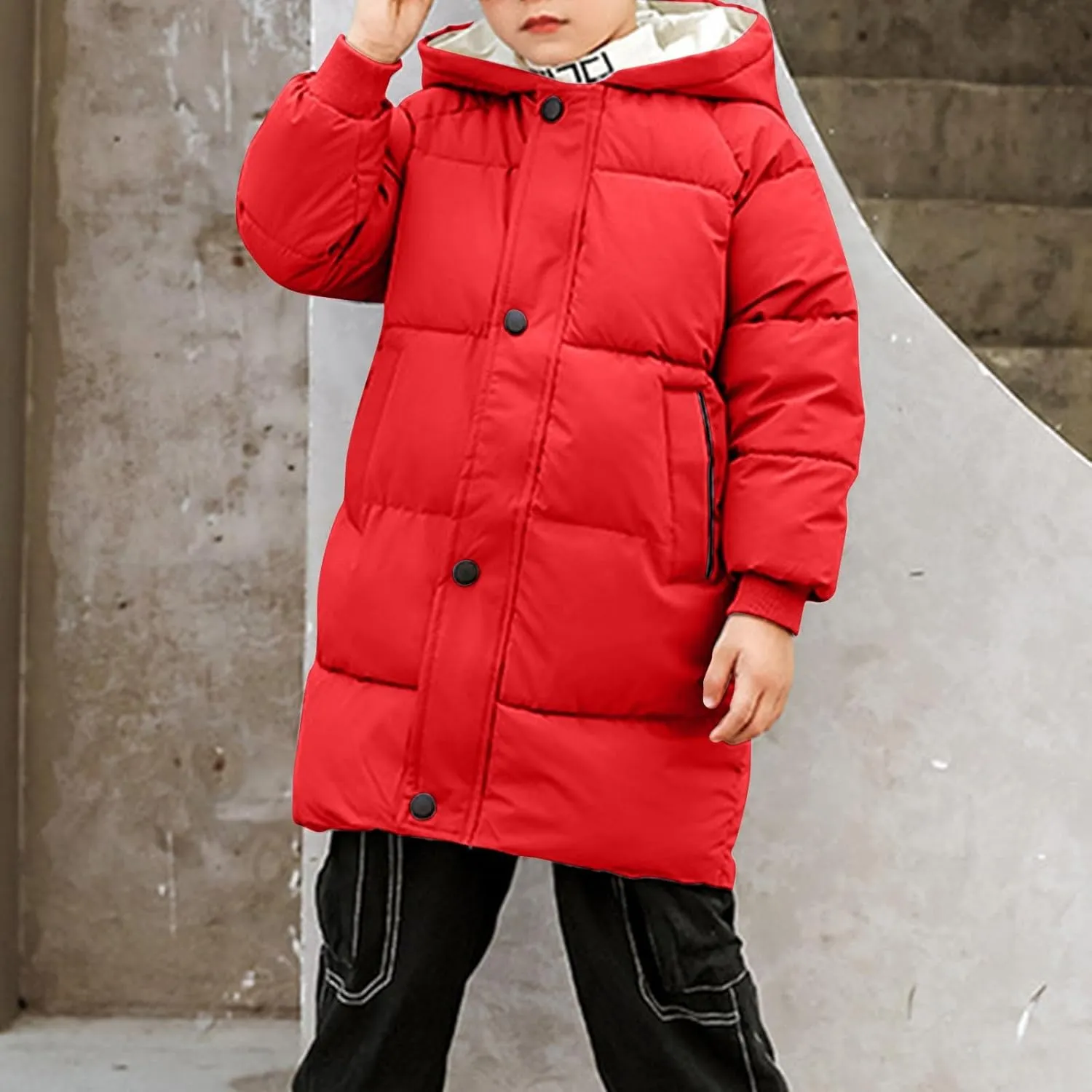 RKSTN Winter Puffer Jackets for Kids Padded Wadded Down Jacket Solid Color Long Sleeved Coats Hooded Casual Outwear