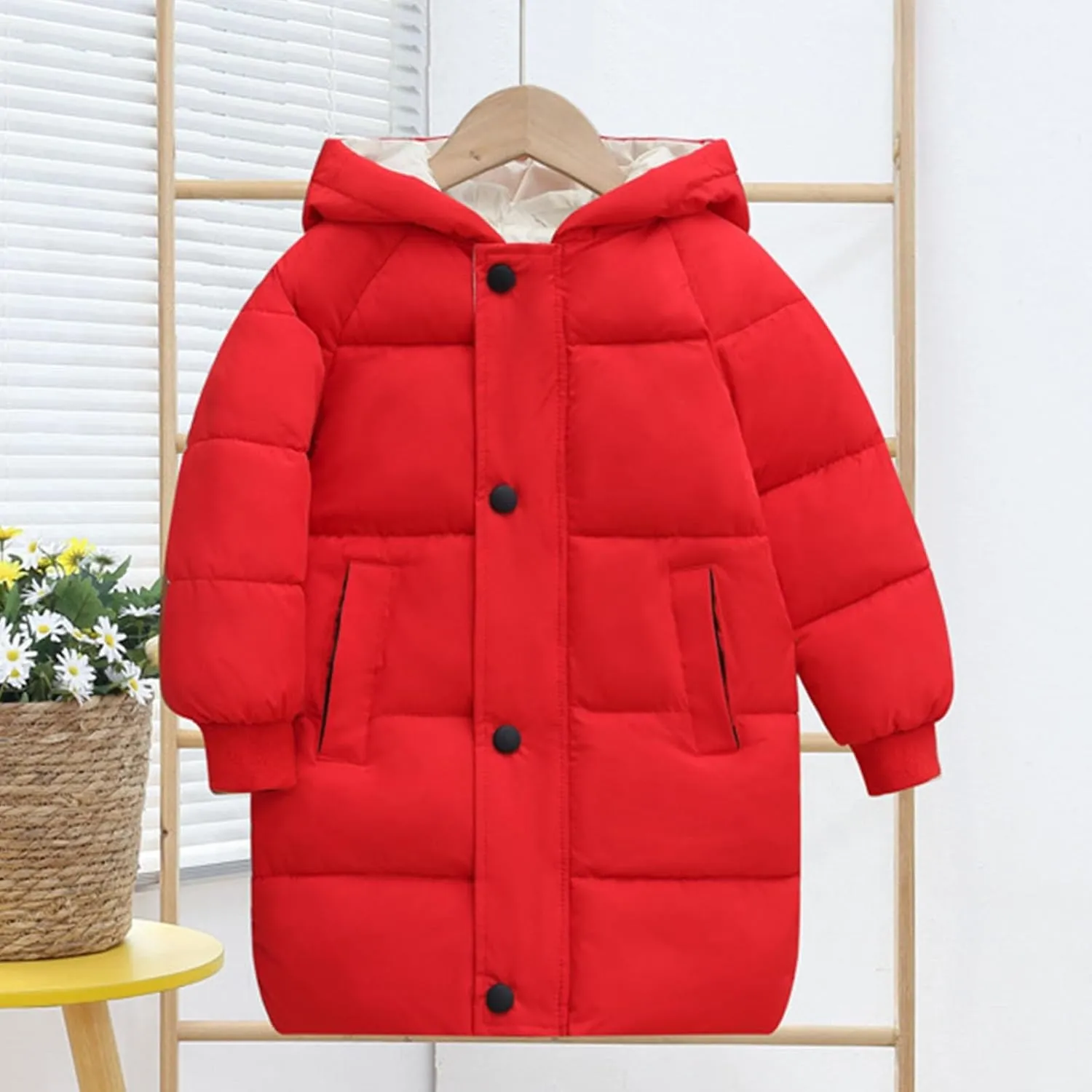 RKSTN Winter Puffer Jackets for Kids Padded Wadded Down Jacket Solid Color Long Sleeved Coats Hooded Casual Outwear