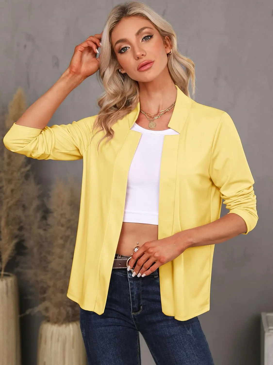 RMCMS Womens Blazer Cropped Open Front Dress Jacket Lightweight Stand Collar Casual Office Suit Jacket