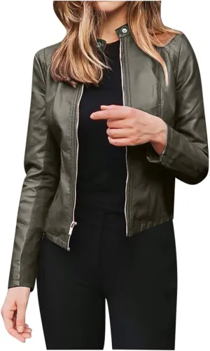 Ruziyoog Women's Faux Leather Jacket Lightweight Casual Zip Up Slim Short Moto PU Coat Motorcycle Bomber Jackets Outwear
