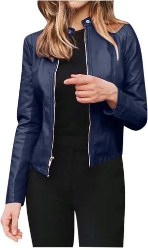 Ruziyoog Women's Faux Leather Jacket Lightweight Casual Zip Up Slim Short Moto PU Coat Motorcycle Bomber Jackets Outwear