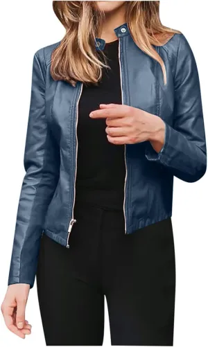 Ruziyoog Women's Faux Leather Jacket Lightweight Casual Zip Up Slim Short Moto PU Coat Motorcycle Bomber Jackets Outwear