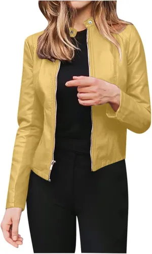 Ruziyoog Women's Faux Leather Jacket Lightweight Casual Zip Up Slim Short Moto PU Coat Motorcycle Bomber Jackets Outwear