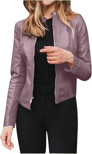 Ruziyoog Women's Pu Faux Leather Jacket Long Sleeve Open Front Coats Lightweight Casual Slim Short Motorcycle Bomber Outwear