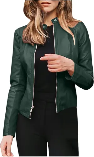 Ruziyoog Women's Pu Faux Leather Jacket Long Sleeve Open Front Coats Lightweight Casual Slim Short Motorcycle Bomber Outwear