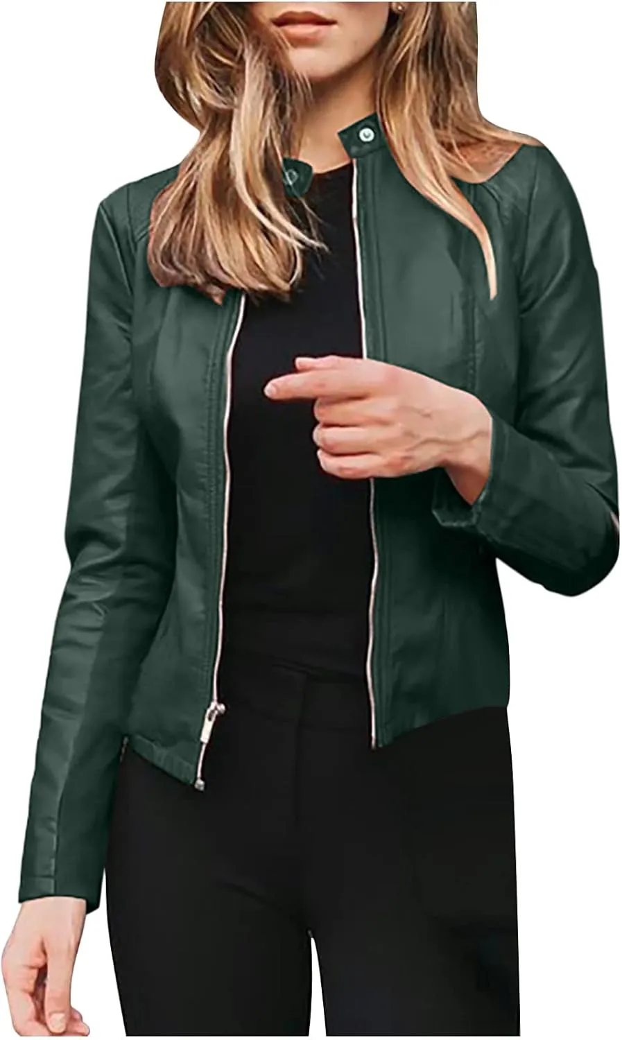 Ruziyoog Women's Pu Faux Leather Jacket Long Sleeve Open Front Coats Lightweight Casual Slim Short Motorcycle Bomber Outwear