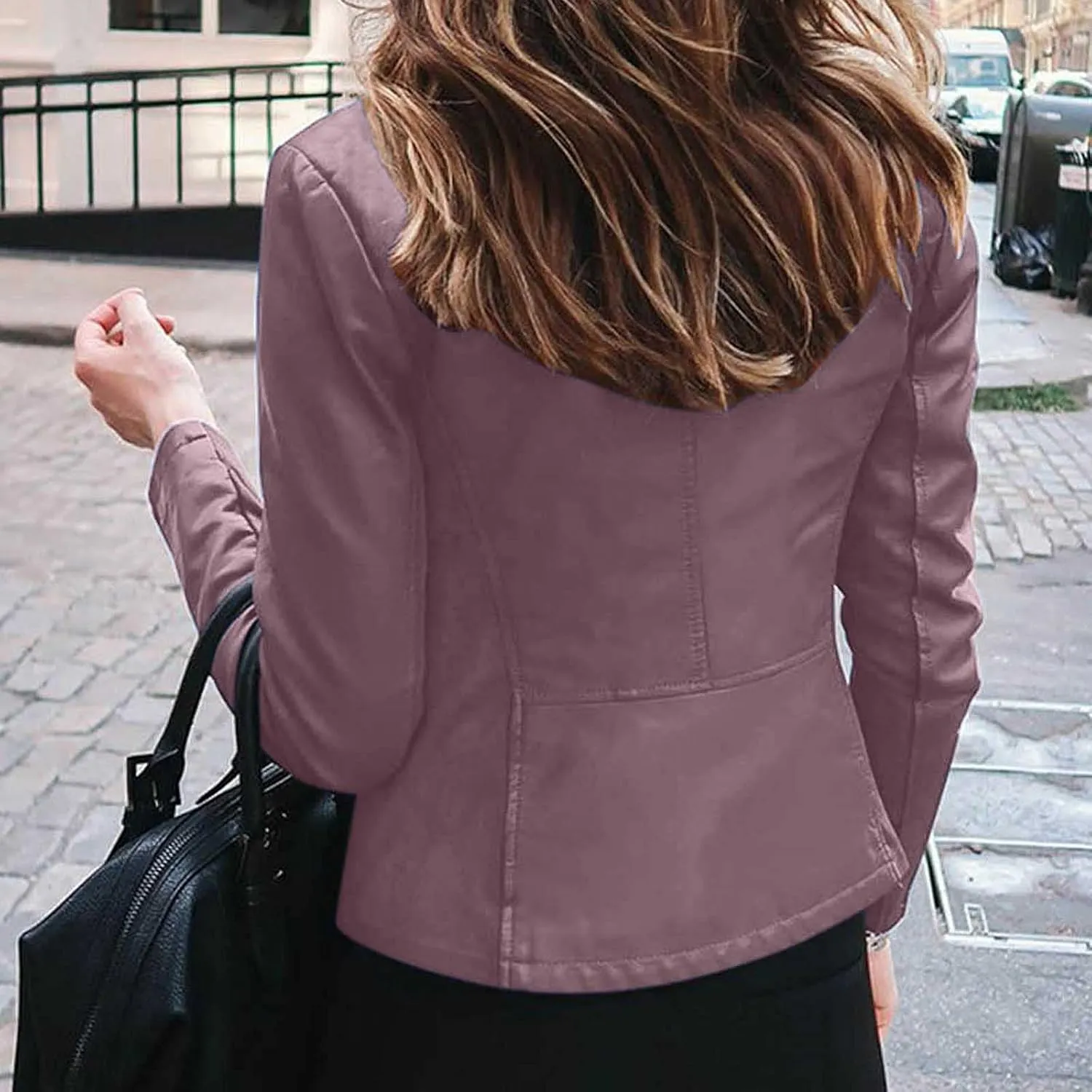Ruziyoog Women's Pu Faux Leather Jacket Long Sleeve Open Front Coats Lightweight Casual Slim Short Motorcycle Bomber Outwear
