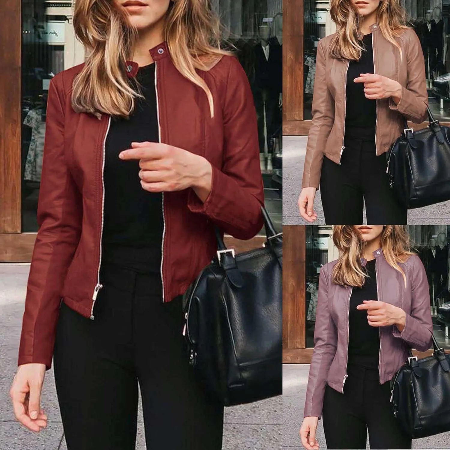 Ruziyoog Women's Pu Faux Leather Jacket Long Sleeve Open Front Coats Lightweight Casual Slim Short Motorcycle Bomber Outwear