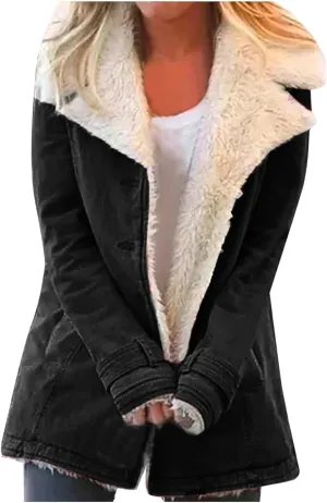 SACFOF Womens Winter Warm Jean Jacket Lapel Stand Collar Fleece Lined Sherpa Denim Coats Thicker Sherpa Outerwear